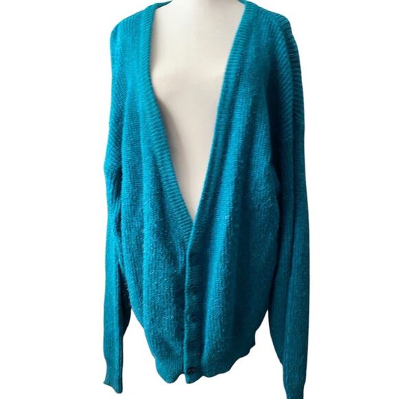 Vintage Le Tigre Blue Green Teal Cardigan Sweater Men XL Jumper Acrylic 80s - Picture 1 of 15
